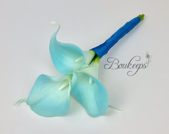 KIES HET LINTKLEUR - Aquablauw calla lelieboeket, real Touch Aqua calla lelieboeket, bruids, bruidsmeisje, bruidsboeket, lichtblauw