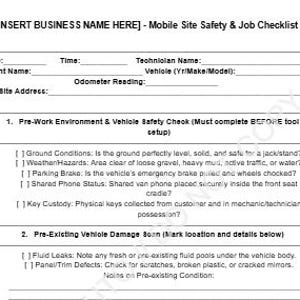 Mobile Mechanic Site Safety Checklist, 2-Page Automotive Repair Pre Work Inspection Sheet, Editable Google Docs