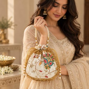 May include: A cream-colored drawstring pouch bag featuring intricate floral embroidery in vibrant shades of pink, blue, and green. The bag is accented with gold metallic trim, a beaded pearl handle, and gold drawstring cords with decorative pearl-tipped tassels.