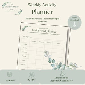 Może przedstawiać: Dokument do druku Weekly Activity Planner z siatką od poniedziałku do niedzieli oraz kolumnami na rano, popołudnie, wieczór i notatki. Projekt zawiera ilustracje liści eukaliptusa oraz tekst Memory Maker Library.