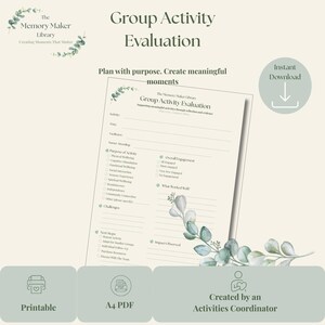 Może przedstawiać: Drukowany formularz oceny zajęć grupowych na kremowym tle z akcentami zielonych liści eukaliptusa. Dokument zawiera pola na szczegóły zajęć, cel, zaangażowanie i kolejne kroki, z widocznym tekstem "The Memory Maker Library" oraz "Instant Download".