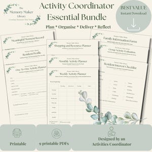 Może przedstawiać: Zestaw Activity Coordinator Essential Bundle zawierający dziewięć dokumentów PDF do druku z akcentami liści eukaliptusa. Tytuły obejmują Meaningful Moment Record, Resident Profile, One To One Activity Planner, Shopping and Resource Planner, Monthly Activity Planner, Weekly Activity Planner, Family Information Form, Group Activity Evaluation oraz Resident Interest Checklist.