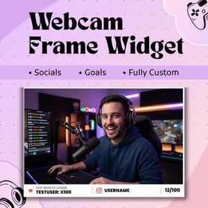 Könnte beinhalten: Ein digitales Webcam-Rahmen-Widget mit dem Text Webcam Frame Widget, Socials, Goals und Fully Custom. Das Design enthält eine untere Leiste mit Top Month Cheer, Testuser: X100, einem Platzhalter für den Benutzernamen und einem 12/100-Fortschrittsbalken.