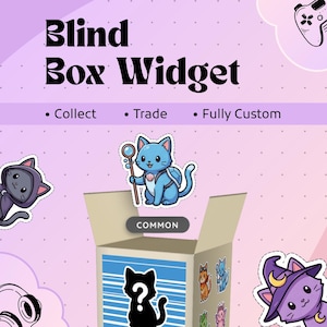 May include: A digital graphic titled Blind Box Widget with the text Collect, Trade, Fully Custom. It features a cardboard box with a question mark silhouette, a blue cat character holding a staff, and other cat illustrations on a light purple background.