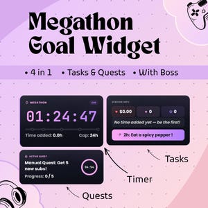 May include: A digital Megathon Goal Widget interface featuring a timer, session info, and active quest modules. The dark-themed panels display text including Megathon, Live, Time added: 0.0h, Cap: 24h, Session Info, and Manual Quest: Get 5 new subs.