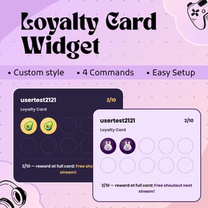 Op de afbeelding: Een digitale loyaliteitskaart-widget met twee varianten op een donkerpaarse en lichtpaarse achtergrond. Elke kaart toont de gebruikersnaam usertest2121, een voortgang van 2/10 en ronde iconen van avocado's of konijnen als stempels.