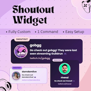 May include: A digital Shoutout Widget graphic on a light purple background with a dotted pattern. It displays three examples of streamer shoutout boxes featuring profile pictures, usernames like gobgg, damdamlive, and rivenzi, and Twitch links.