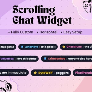 May include: A digital graphic display titled Scrolling Chat Widget featuring a light purple background with a dot grid pattern. It showcases multiple horizontal black chat bubbles with usernames and messages, alongside icons of a game controller and headphones.