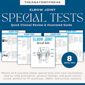 May include: A clinical reference guide titled Elbow Joint Special Tests featuring a central anatomical illustration of the elbow joint with labelled parts, surrounded by multiple informational charts detailing procedures and findings for eight tests.