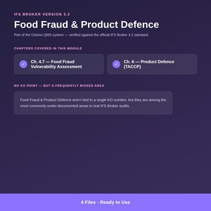 Módulo de Fraude Alimentar e Defesa de Produtos do IFS Broker 3.2, Avaliação de Vulnerabilidades TACCP em Excel, Fluxograma e Instruções de Trabalho.