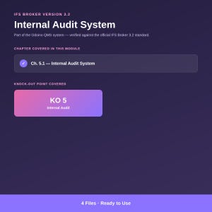 Módulo de Auditoria Interna do IFS Broker 3.2, Lista de Verificação do Programa de Auditoria KO5, Planilha de Rastreamento de Descobertas em Excel, Fluxograma de Instruções de Trabalho