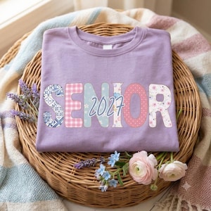 Senior 2027 Shirt, Class of 2027 Graduation Tee, Patchwork Letter Senior Shirt, Pastel Floral Senior Tee, Graduation Gift for Her