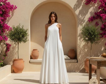 Abito lungo monospalla, completo bianco per le vacanze estive, elegante abito greco, abbigliamento da spiaggia minimalista, abbigliamento da resort fluido per donna