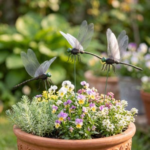 Può includere: Tre picchetti da giardino a forma di libellula con corpi scuri, teste verdi e ali traslucide venate. Ogni insetto è montato su un sottile stelo di filo metallico verde, posizionato ad altezze variabili in un vaso di terracotta con viole.