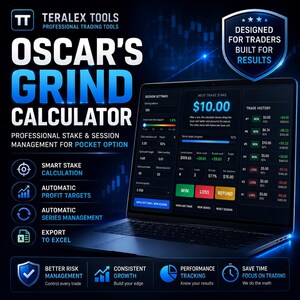 May include: A laptop displaying the Oscar's Grind Calculator software interface for Pocket Option. The screen shows session settings, trade history, and stake management tools. Text includes 'Designed for traders built for results' and 'Professional stake & session management for Pocket Option' against a dark blue background.