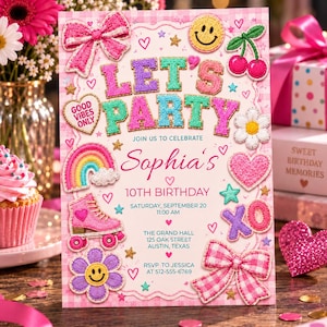 May include: A rectangular birthday invitation card with a light pink gingham border. The text reads LET'S PARTY, Sophia's 10TH BIRTHDAY, SATURDAY, SEPTEMBER 20, 11:00 AM, THE GRAND HALL 125 OAK STREET AUSTIN, TEXAS, RSVP TO JESSICA AT 512-555-6769.