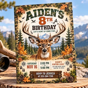Puede incluir: Una tarjeta de invitación de cumpleaños rectangular con una cabeza de ciervo, pinos y hojas de otoño. El texto incluye AIDEN'S 8TH BIRTHDAY, LET'S HUNT UP SOME FUN!, SATURDAY NOV 16, 2:00 PM TO 5:00 PM, AIDEN'S HUNTING LODGE, 123 PINE RIDGE DRIVE, AUSTIN, TX 78701, RSVP TO JESSICA AT 555-284-7316.