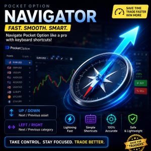 May include: A digital interface for Pocket Option Navigator featuring a compass graphic with a glowing blue arrow pointing upward. The display includes text such as POCKET OPTION NAVIGATOR, FAST. SMOOTH. SMART., and various trading keyboard shortcuts.