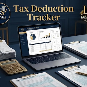 Könnte beinhalten: Ein Laptop mit einem Steuerabzugs-Dashboard, Diagrammen und Finanzdaten, begleitet von einem goldenen Taschenrechner, Papierstapeln mit goldenen Clips und einem goldenen Stift auf einer dunkelblauen Oberfläche mit dem Legacy Finance Studio Logo.