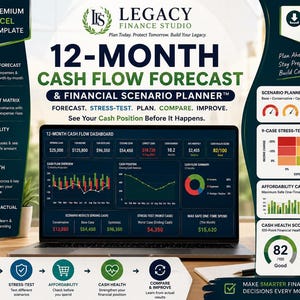 May include: A digital 12-month cash flow forecast and financial scenario planner Excel template displayed on a laptop screen. The interface features charts, graphs, and data points including cash health scores, stress-test matrices, and affordability tests.