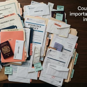 Peut inclure: Une collection encombrée de documents, enveloppes et dossiers variés étiquetés avec des notes adhésives, incluant un passeport britannique et des papiers fiscaux, avec le texte Could you find an important document in 60 seconds? en haut à droite.