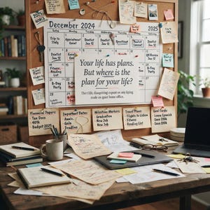 May include: A cork bulletin board displays a December 2024 calendar with handwritten notes, pushpins, and a central white card reading: Your life has plans. But where is the plan for your life? Thot life, disogetring, espent on any liping mode on quiet home office.