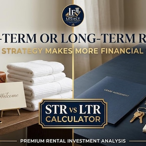 Può includere: Un grafico a schermo diviso con una valigia marrone, asciugamani bianchi e un biglietto di benvenuto a sinistra, e un contratto di locazione blu scuro, chiavi e un calendario a destra. Testo: SHORT-TERM OR LONG-TERM RENTAL? STR vs LTR CALCULATOR.