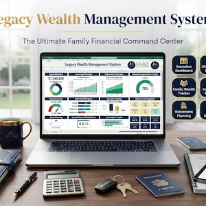 May include: A laptop displaying the Legacy Wealth Management System spreadsheet with financial charts, graphs, and trackers. The screen shows a net worth of $1,545,000 and a 78% financial independence score, surrounded by icons for planning modules.