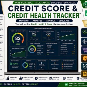 May include: A digital credit score and health tracker dashboard displayed on a laptop screen. The interface features charts, graphs, and data fields for monitoring credit utilization, payment history, debt overview, and account summaries in a dark theme.