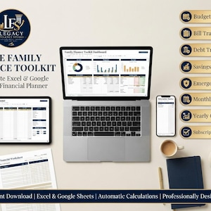 May include: A digital financial planning toolkit displayed on a laptop, tablet, and smartphone. The screen shows a Family Finance Toolkit Dashboard with charts and tables. Includes a list of features like Budget Planner and Debt Tracker.