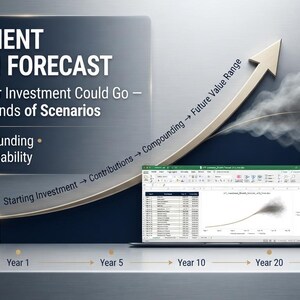 Op de afbeelding: Een digitale afbeelding met de titel INVESTMENT GROWTH FORECAST met een laptop die een spreadsheet en grafiek toont. De tekst bevat See Where Your Investment Could Go — Across Thousands of Scenarios, Growth, Compounding, Scenarios, Probability.