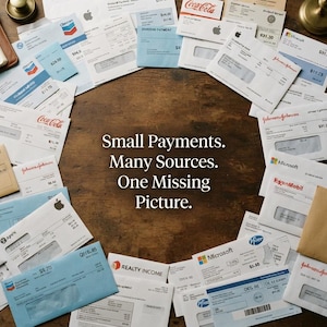 Op de afbeelding: Een verzameling van diverse financiële enveloppen en dividendcheques van bedrijven zoals Coca-Cola, Microsoft en Exxon zijn in een cirkel gerangschikt. De tekst in het midden luidt: Small Payments. Many Sources. One Missing Picture.
