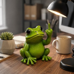 May include: A green frog figurine with large black eyes, sitting in a seated position with one arm raised and the middle finger extended upward. The frog has a textured surface and is rendered in a bright, solid green color with smooth skin.