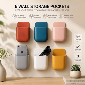 May include: Six wall-mounted storage pockets in terracotta, dark blue, light pink, gray, white, and mustard yellow. The gray pocket holds a smartphone, and the white pocket holds black sunglasses. Text includes 6 WALL STORAGE POCKETS.