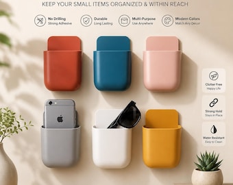 Wall Mount Phone Holder, Self Adhesive Remote Control Holder, Phone Charging Station, Bedside Storage Pocket, No Drill Organizer