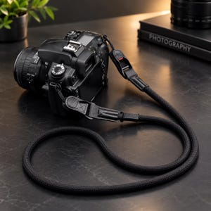 May include: A black camera attached to a thick, round, black rope camera strap. The strap features reinforced black leather-like connectors with stitched detailing and adjustable metal hardware, providing a secure connection to the camera body.