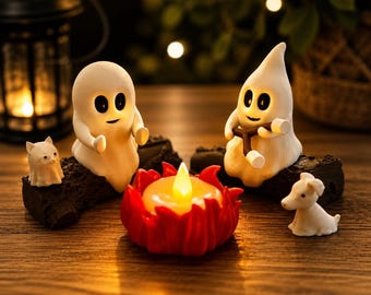 Ghost Campfire Resin Decor, Spooky Halloween Figurine Set, Cozy Home Accent