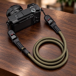 May include: A black digital camera attached to an olive green rope camera strap. The strap features black leather connectors with red accents and quick-release buckles, allowing the rope to coil neatly on the surface.