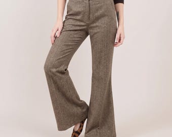 Pantalones acampanados de tweed marrón, de talle alto y pierna ancha, estilo vintage de los años 70, hechos a mano.