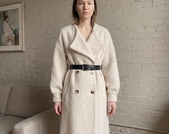 Abrigo cruzado de lana color crema, diseño texturizado extragrande, abrigo de invierno color marfil hecho a mano para mujer.