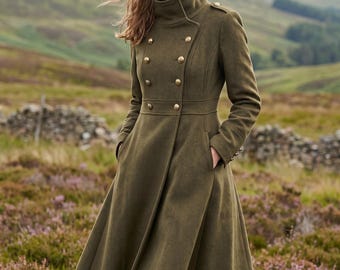 Green Wool Military Overcoat, Long Double Breasted Winter Coat, Gold Button Womens Coat