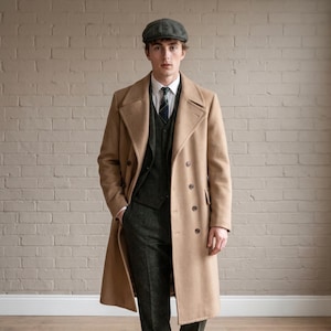 Camel Wool Double Breasted Overcoat, Peaky Blinders Style, Vintage British Long Trench Coat Men