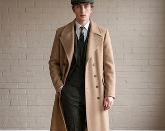 Abrigo cruzado de lana de camello, estilo Peaky Blinders, gabardina larga británica vintage para hombre