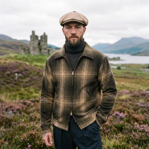Chaqueta de lana a cuadros, chaqueta con cremallera marrón oliva oscuro, abrigo de invierno con cuello hecho a mano para hombre