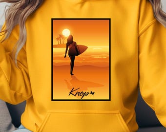 Surfer girl hoodie at sunset