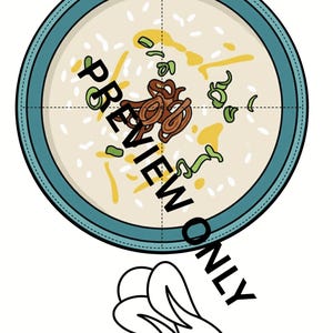 May include: A circular puzzle sheet featuring a bowl of congee with green onions and fried shallots, marked with a dashed cross for cutting. The text reads Cut the puzzle!, PREVIEW ONLY, and Color the Bok Choy! above a line drawing of bok choy.