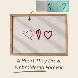 Puede incluir: Un marco de madera rectangular que contiene un panel de tela clara bordado con tres contornos de corazones rojos. Sobre el marco, tres pequeños cuadrados de papel muestran dibujos de corazones originales. Texto: A Heart They Drew. Embroidered Forever.