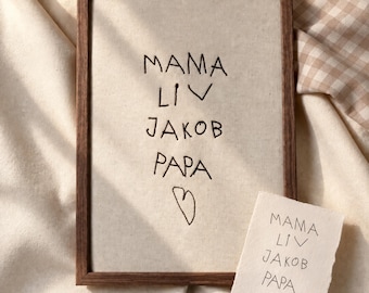 以下が含まれることがあります： MAMA、LIV、JAKOB、PAPAという文字とハートのシンボルが黒い刺繍で施されたクリーム色の布パネルが入った長方形の木製フレーム。同じ文字とハートが描かれた小さな紙のカードがフレームの横に置かれています。