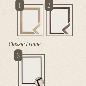May include: A display showing three rectangular picture frames labeled Basic Frames and Classic Frame. Frame 1 is light wood, frame 2 is dark wood, and frame 3 is black with a circular detail showing the corner profile. Text includes www.dallydesign.nl.