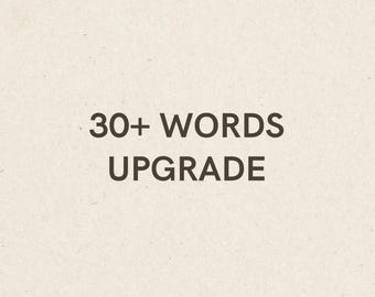 以下が含まれることがあります： 中央に「30+ WORDS UPGRADE」、下部に「www.dallydesign.nl」とダークブラウンの文字が配置された、ライトベージュの長方形グラフィック。背景は、全体に小さな斑点がある繊細で明るい紙の質感をしています。